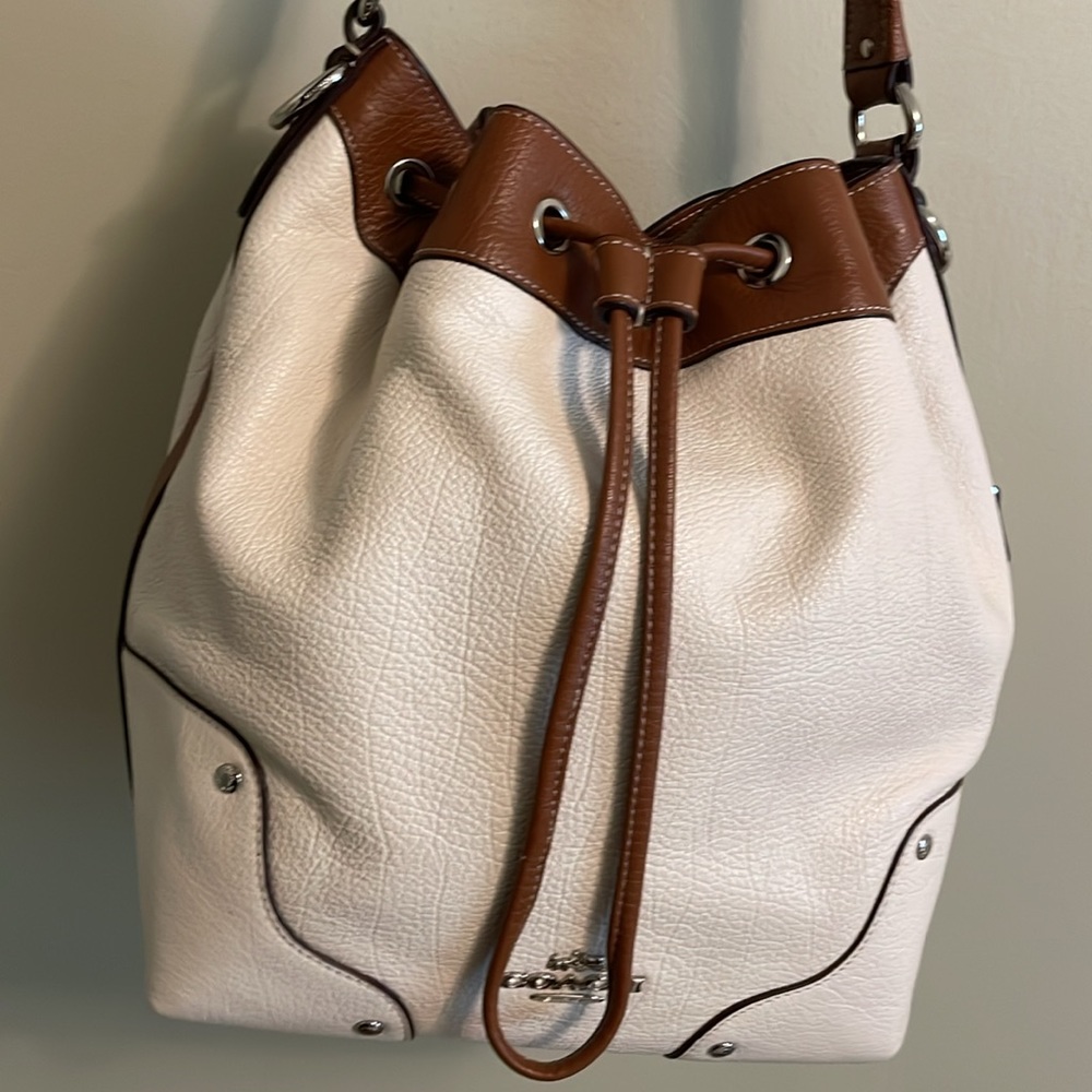 Coach White and Brown Leather Drawstring Bucket Bag